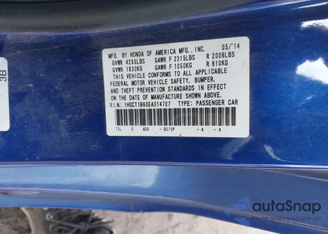 2014 Honda Accord Ex-L from USA, damaged, VIN 1HGCT1B80EA014707